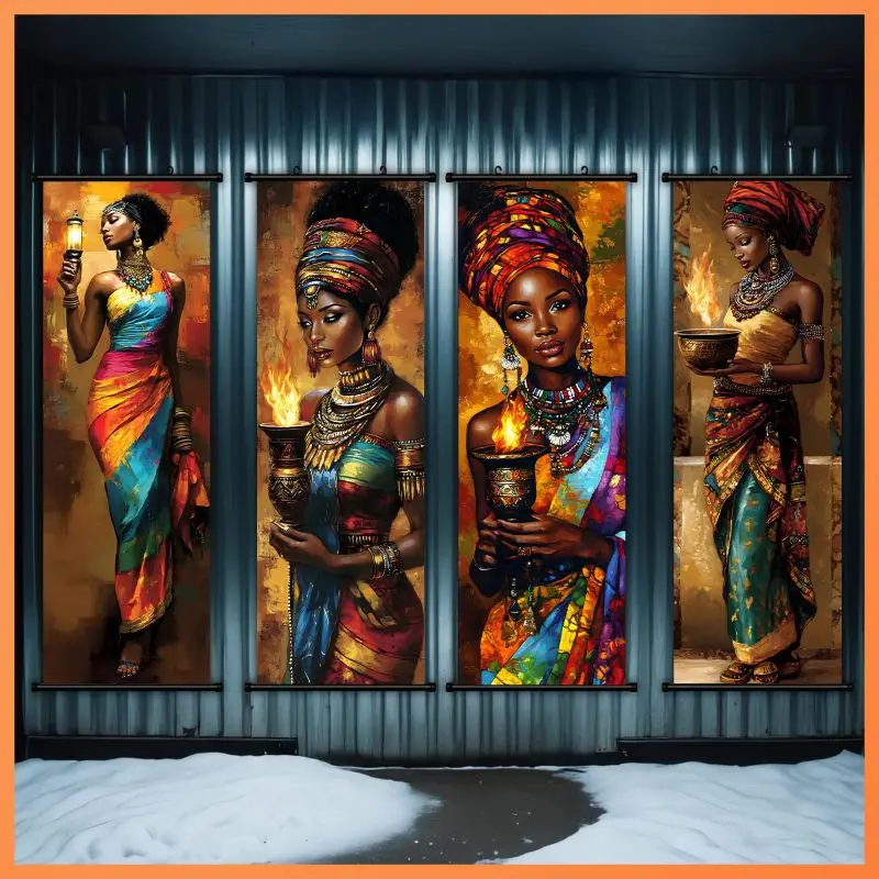 VIKAMA Tribal Queen Lantern Wall Tapestry Multicolor Gown Gold Adornment Flame Portrait Oil Canvas Scroll Art Home Decor Unique