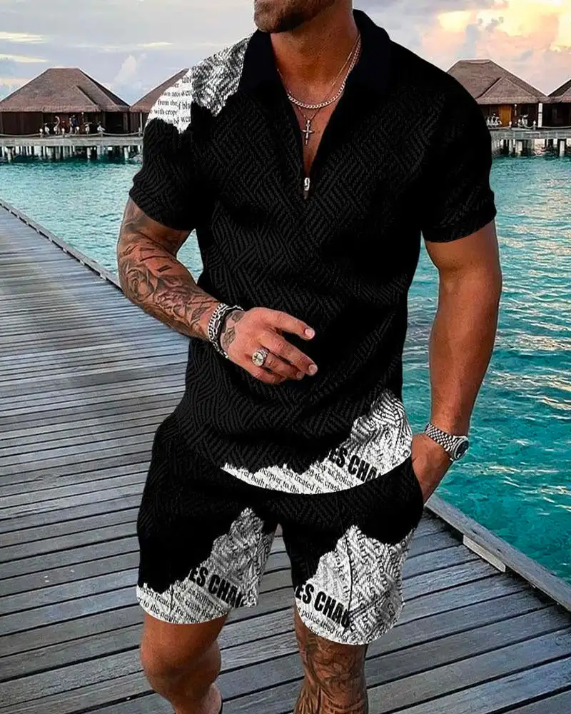 Simplicity Retro Pattern Trend Zipper Collar Men\'s T-shirt Sets Summer Casual Shirt Shorts 2 Piece Set Fashion Clothes Tracksuit