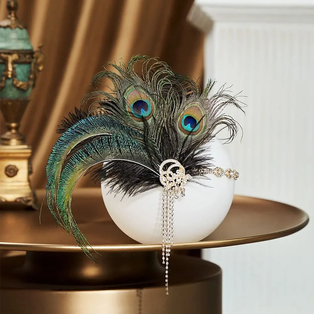 Temperament Vintage Feather Headband Crystal Zircon Cosplay Dress Headwear Makeup Party Rhinestone 1920s Hair Accessories Women