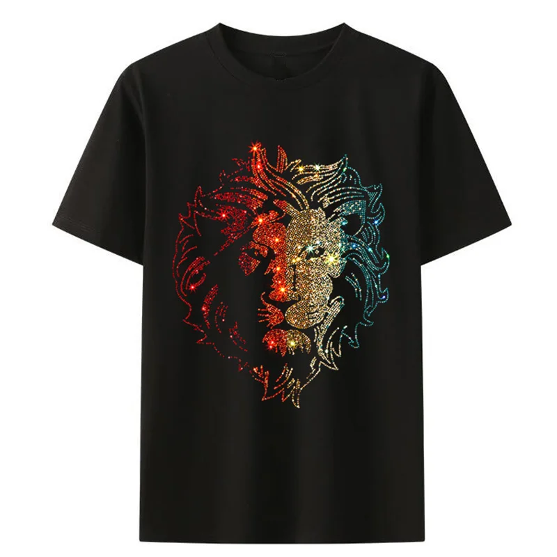 IZEVUS Hot Drill Lion Head pattern men\'s large size loose short sleeve T-shirt Fashion casual short sleeve T-shirt