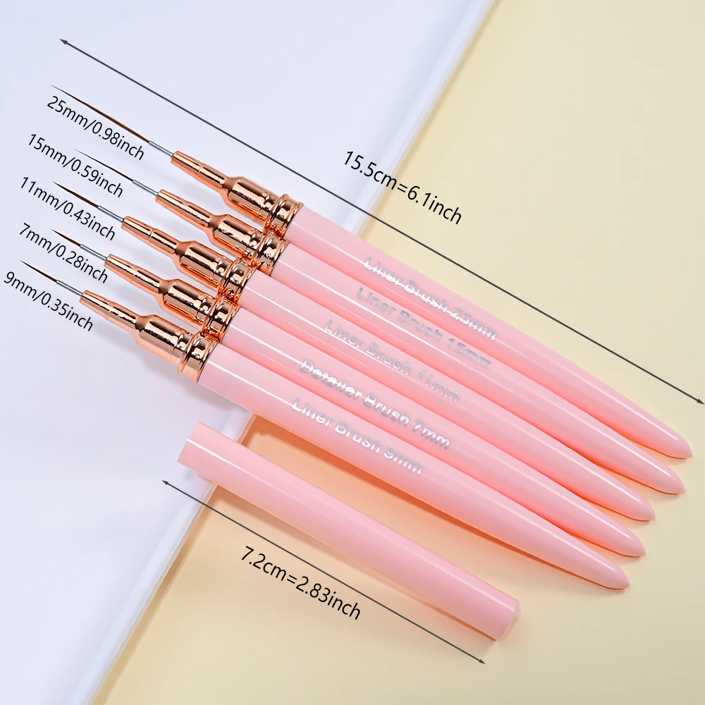 5Pcs/Set Pink Nail Art French Liner Brushes 7/9/11/15/25mm Wydłużone paski UVGel Drawing Pen Profesjonalne narzędzie do manicure z farbą