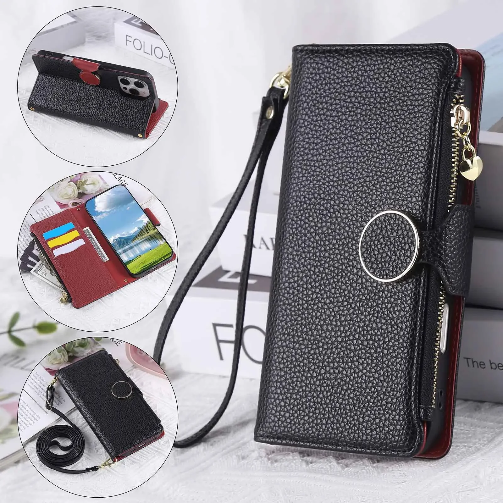 

Crossbody Zipper Wallet Cards Holder Phone Case for Samsung Galaxy Z Fold 7 6 5 4 Fold7 Fold6 Wrist Strap Lanyard Leather Cover