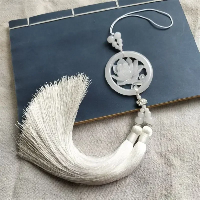 Tassel Handmade White Jade Hollow Lotus Jade Pendant Key Tassels Fringe Antiquity Keychain Hanfu Pendant Quality Accessorie Gift