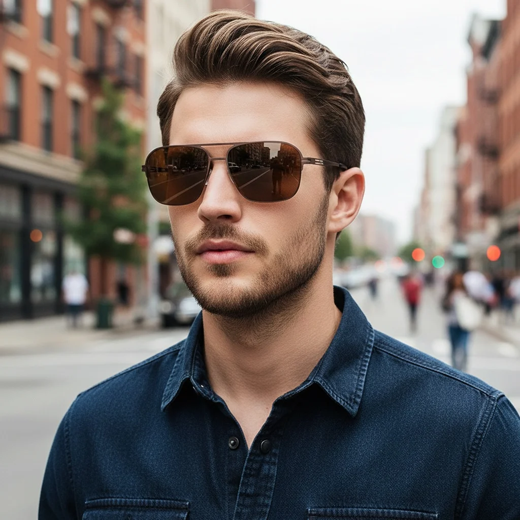 Modische Herren-Sonnenbrille aus Edelstahl mit doppeltem Fass, ultraleicht, hochwertig, sonnenblockierende Sonnenbrille mit großem Rahmen 5129