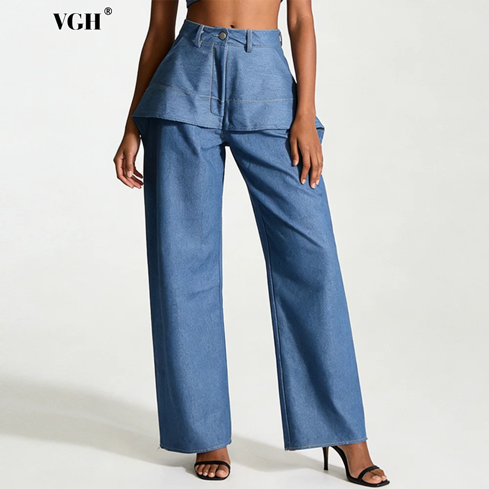 VGH Design Sense Vintage Irregular Loose Jeans For Women High Waist Summer Temperament Straight Trousers Female Fashion Style