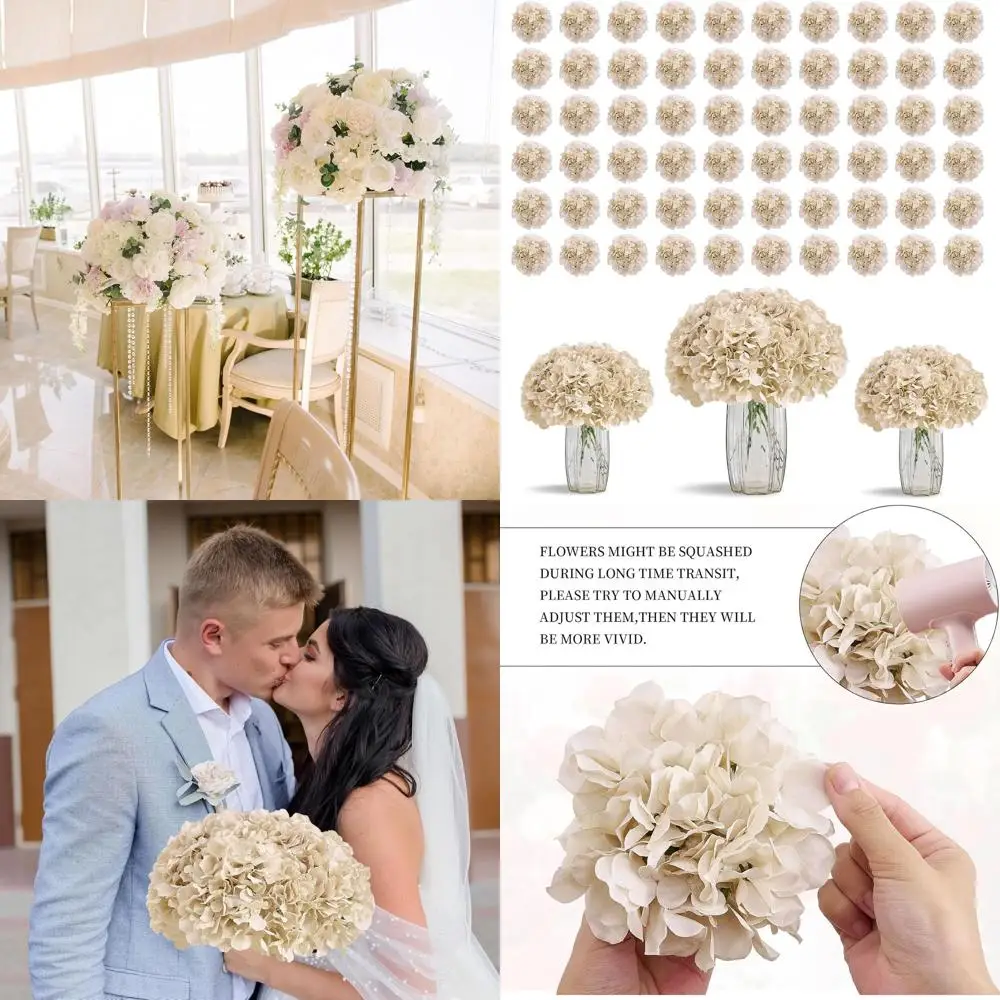 

80-Piece Beige Silk Hydrangea Stems for DIY Wedding Centerpieces, Baby Showers, and Home Parties