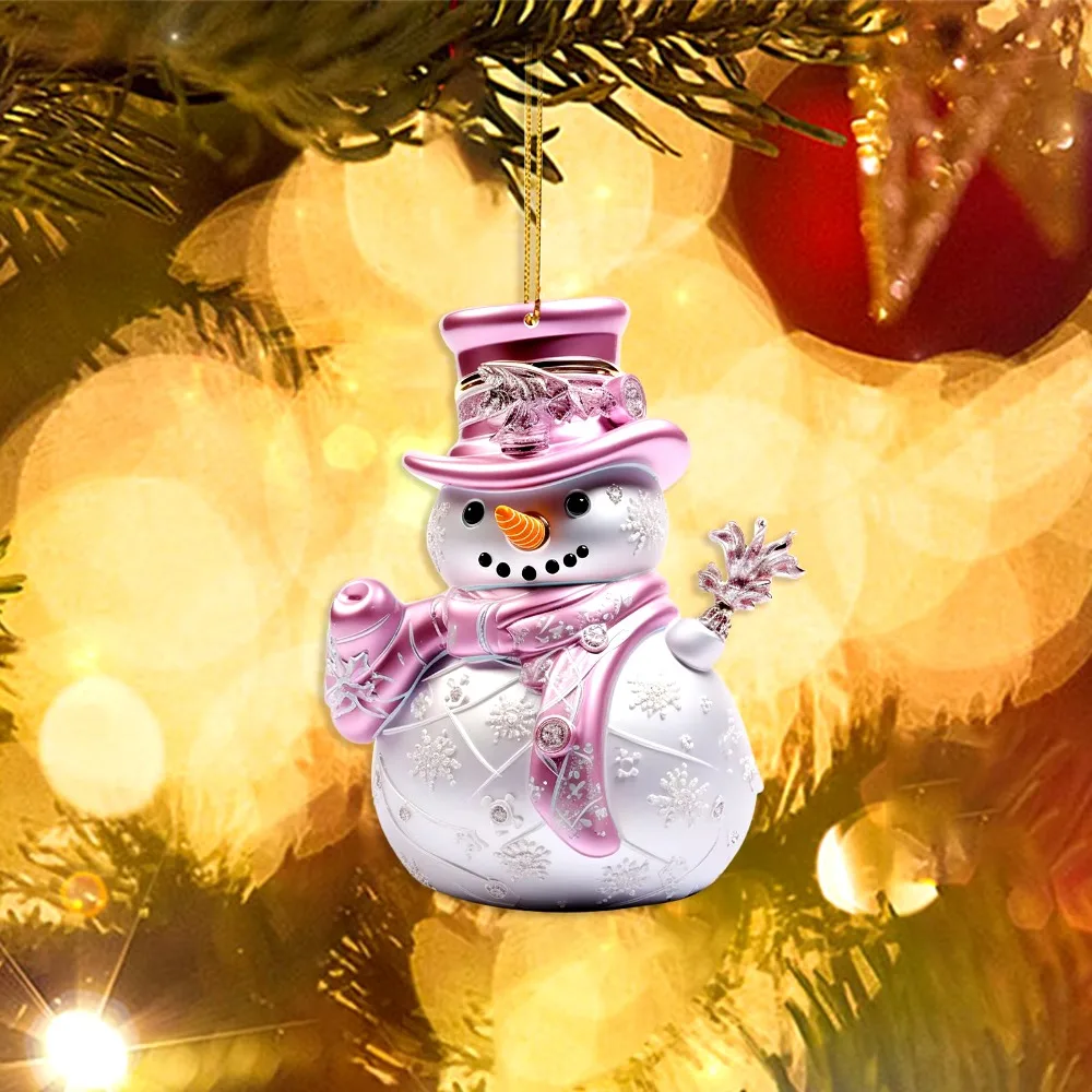 Pink Snowman Christmas Decorations Flat Printing Cartoon Hanging Pendants 2D Acrylic Car Hangable Embellishment