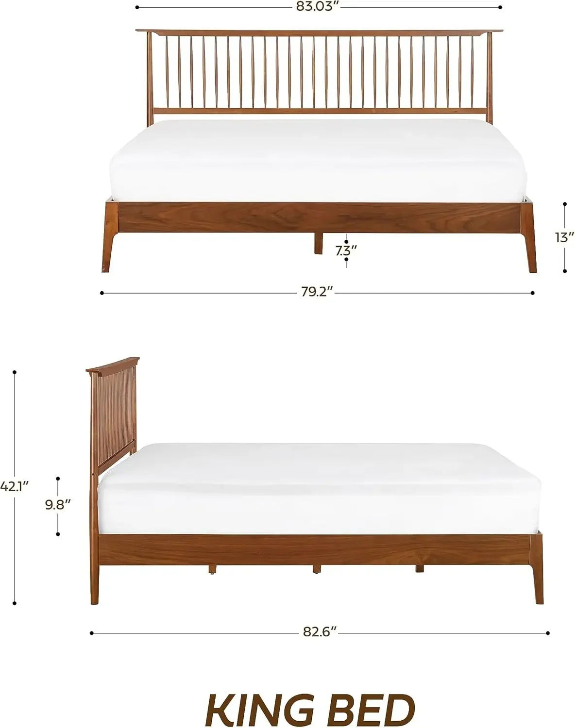 NTC Ruby Wooden Bed Frame with Headboard, Crafted from Walnut, Rubber Wood with Silent Slats and Wood Central Supports, 1000 Lb