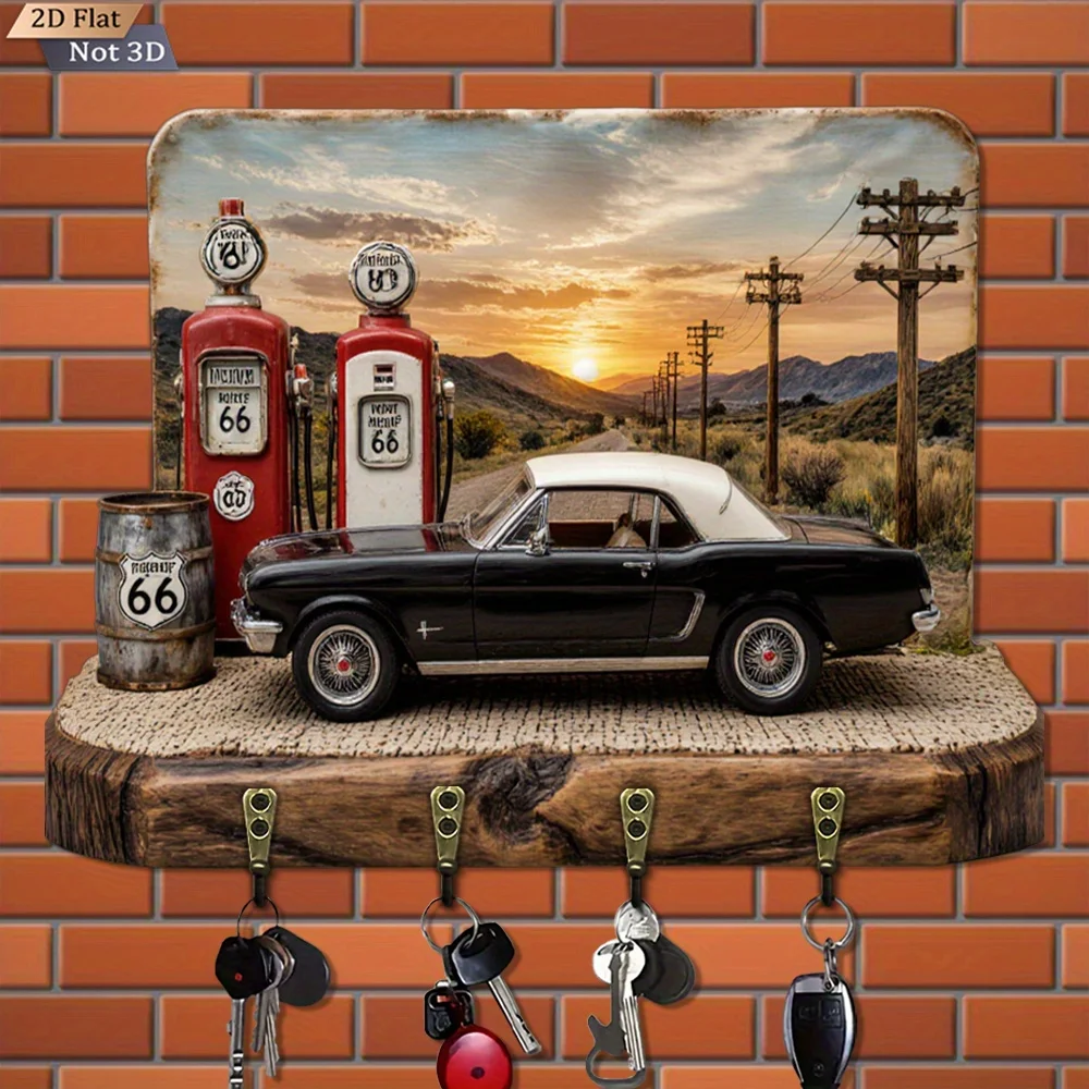 1 Vintage Car Scene with Gas Station and Route 66 Barrel - Rustic Wooden Key Holder, 11.8inch x 9.0inch Wall Decoration,
