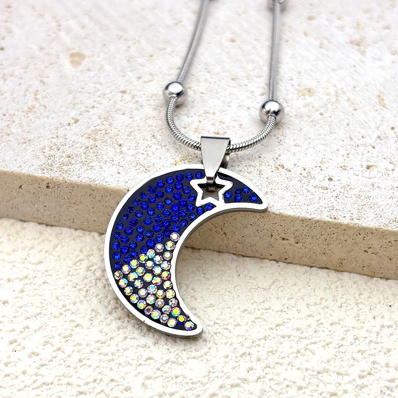 

Fashion Moon Star Rhinestone Pendant Necklace For Women Men Stainless Steel Silver Color Female Party Choker Jewelry Gifts