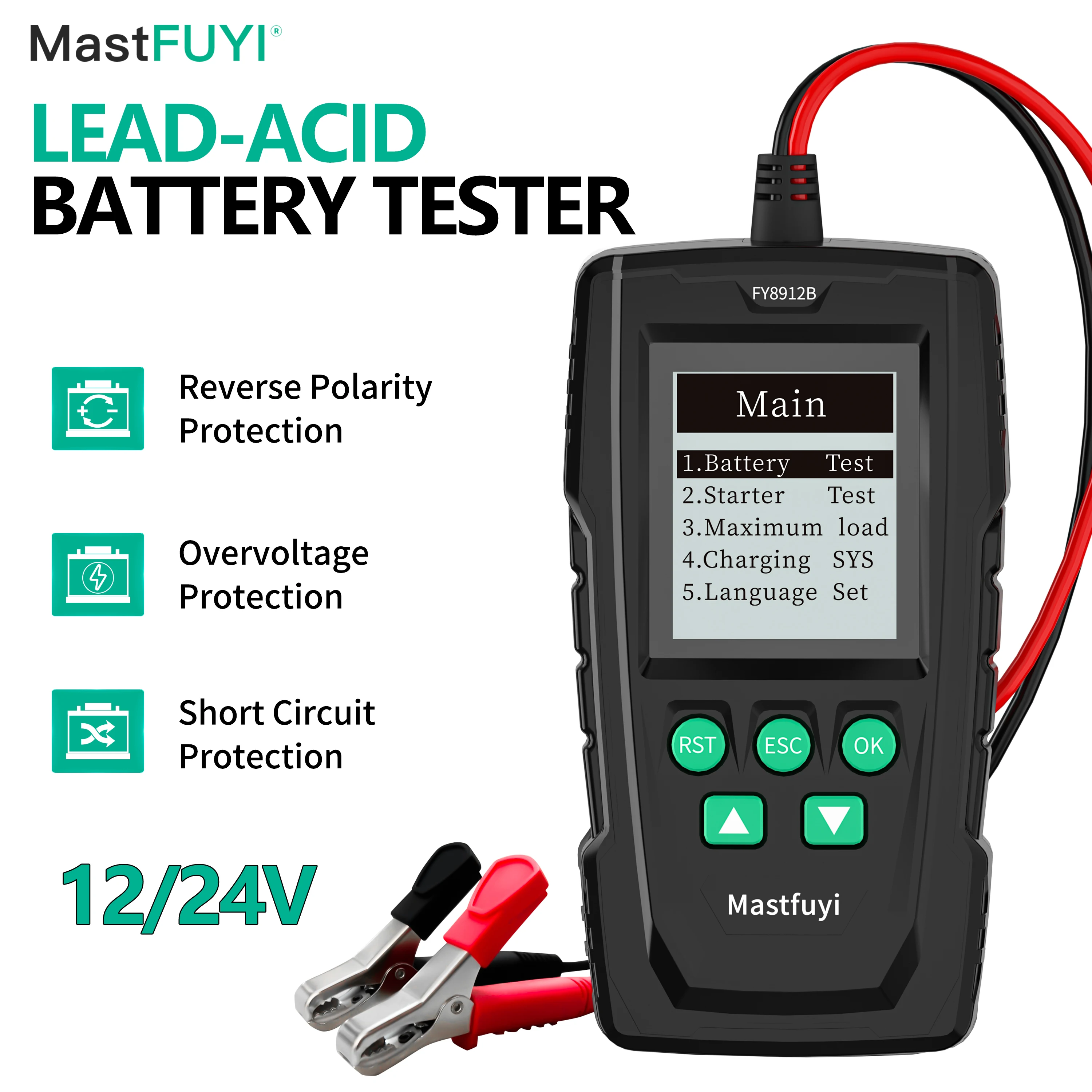 Mastfuyi Fy8912b Testador de Bateria Multifuncional Testador de Bateria de Carro Medição Precisa 12v 24v Capacidade da Bateria Resistência Interna