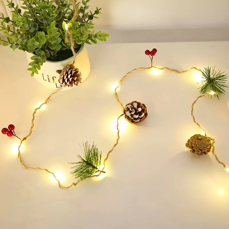 Rattan LED Light String 2M 20 LED Christmas Pine Cone Bell Pine Needle Red Fruit Room Decorative LED Garland Light Fairy Lights