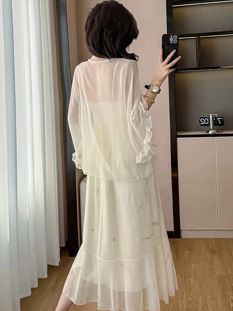 2025 Estate bianco stampa increspato chic fiocco fionda vestito + nappa top camicie due pezzi set donna moda coreana elegante abito casual