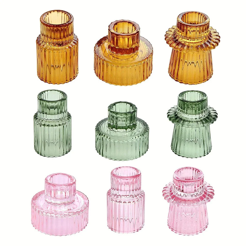 Decorations Candlestick Holders Vertical Striped Glass Pillar Candles Set Of 3 Tealight Candles Birthdays Christmas