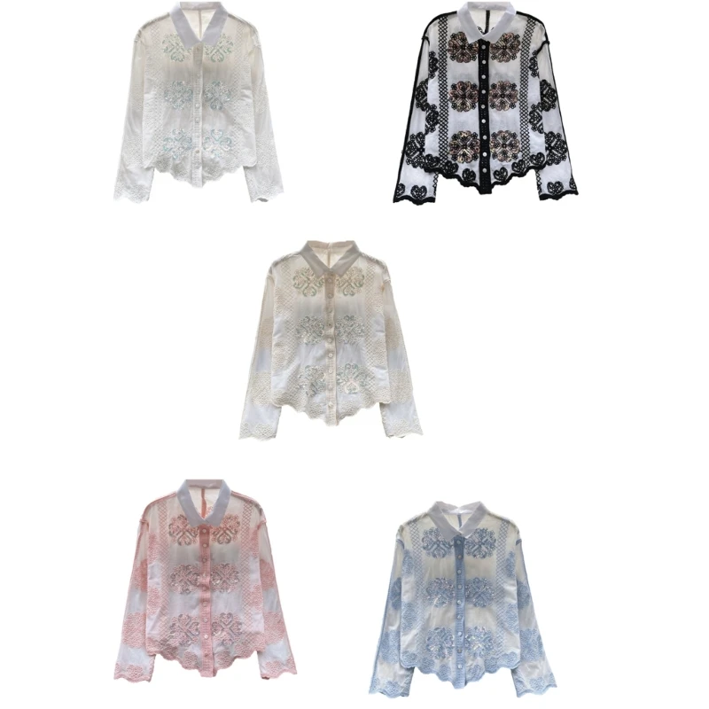 Trendy Long Sleeve Top with Intricate Sequins Patchwork Shirts Suitable for Casual, Parties, and Gatherings