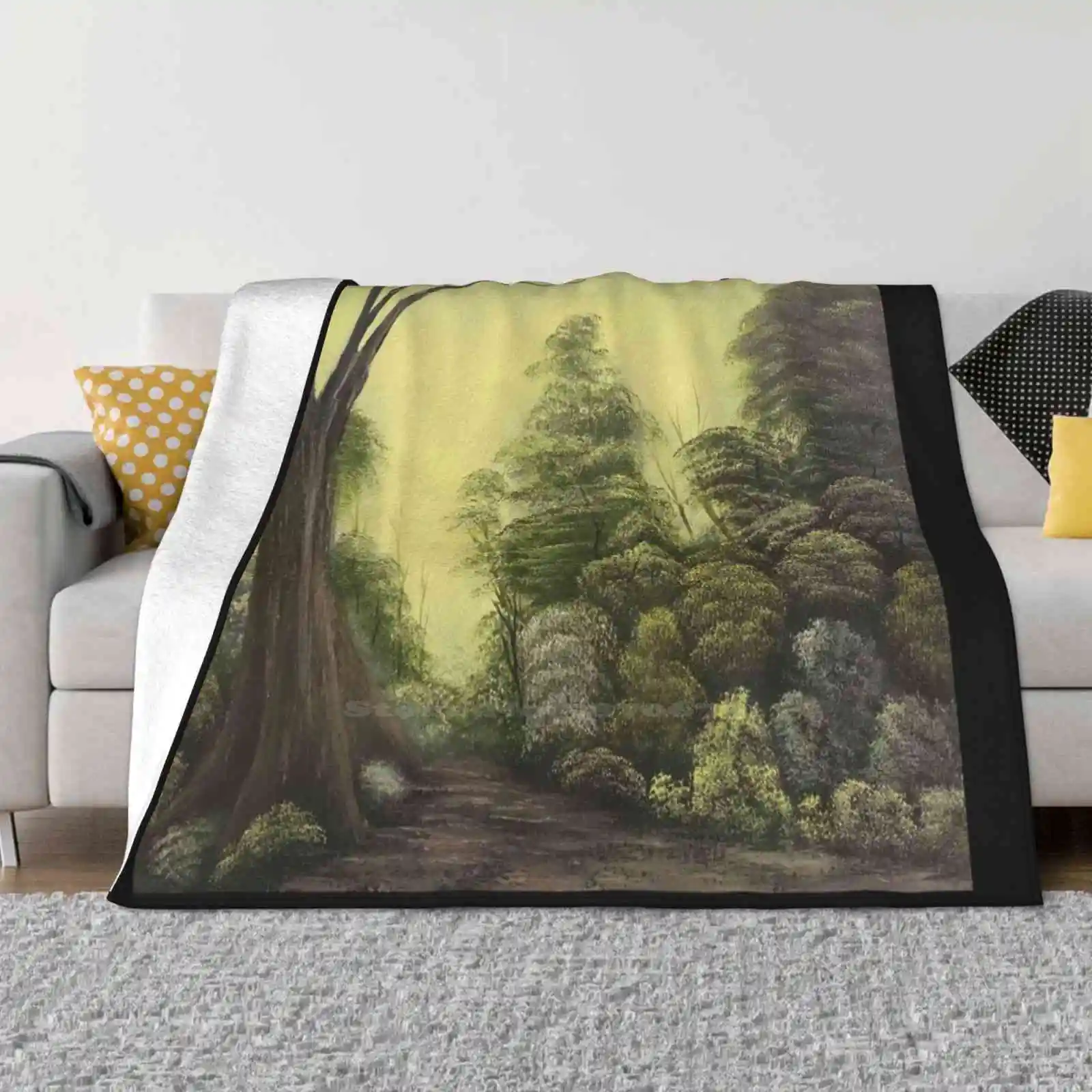 Forest Path All Sizes Soft Cover Blanket Home Decor Bedding Bob Ross Happy Little Trees Forest Path Deep Woods Green Yellow