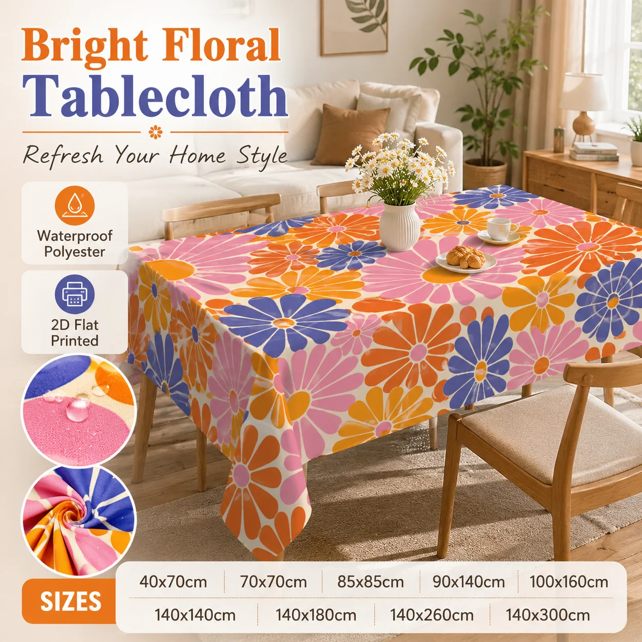 

Bright Retro Floral Tablecloth Waterproof Polyester 2D Flat Printed Table Cover For Dining Room Kitchen Spring Summer Party