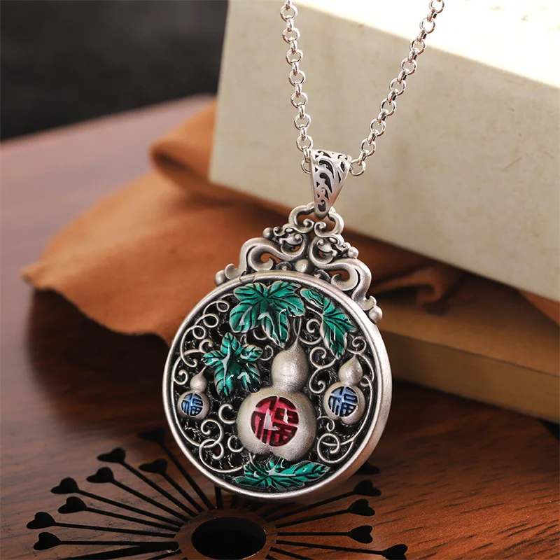 Blessing Six Character Mantra Lotus Necklace Women Jewelry Retro Colored Enamel Calabash Leaf Safety Buckle Pendant Men Accessor