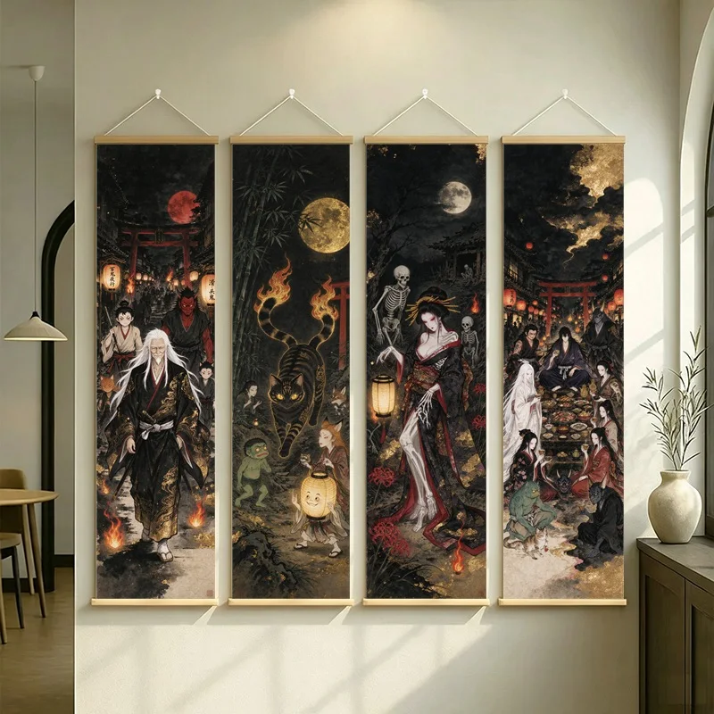 Japanese Wall Art Moonlit Warriors Dragons and Folklore Figures on Silver Shimmer Canvas for a Moody Gallery Space Decor