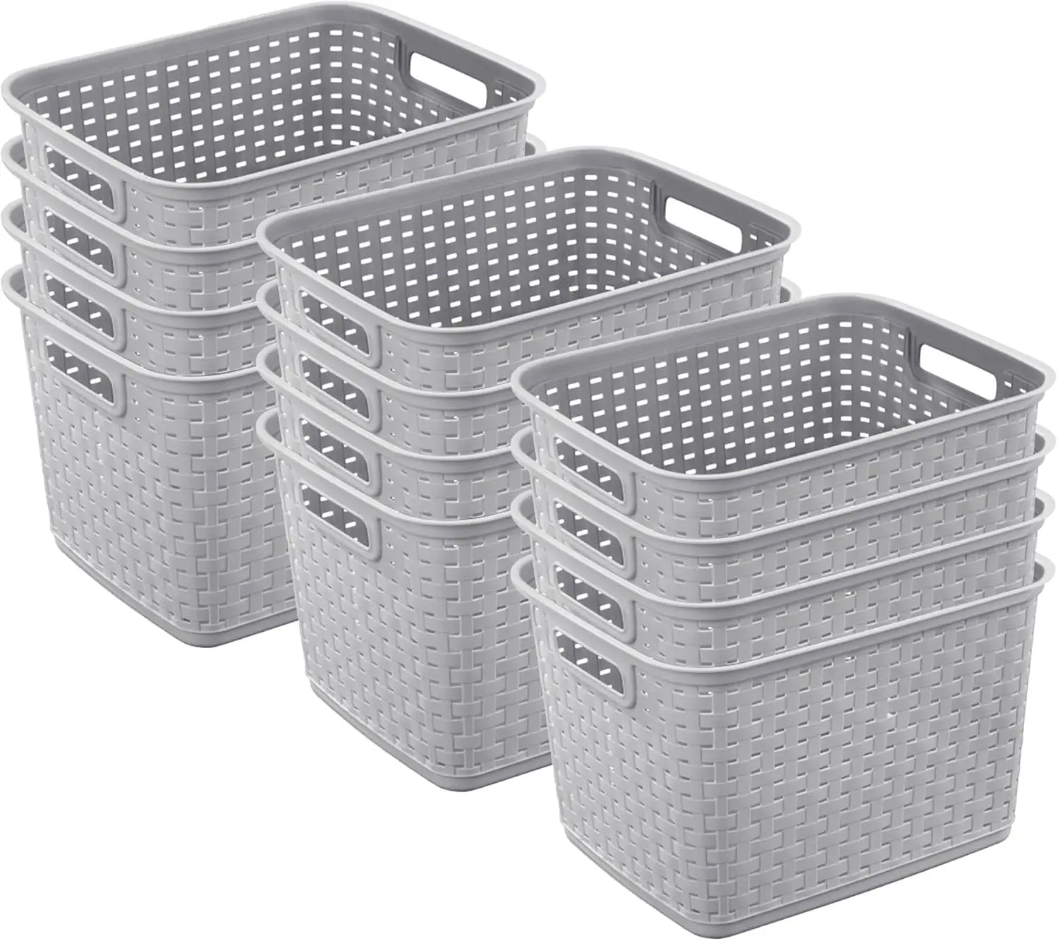 

12-Pack Wicker-Style Plastic Storage Baskets, Cement Gray Organizers for Home & Office