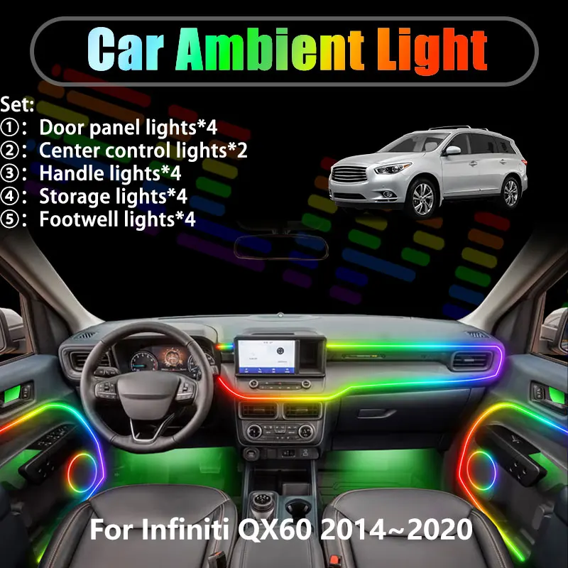 

For Infiniti QX60 2014~2020 JX35 L50 JX 2/18 in 1 Car ambient lighting Led trunk interior led lights USB RGB Ensemble Streamer