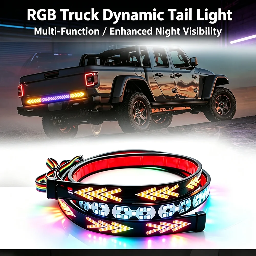 1PCS Car Colorful Flowing Light Fishbone RGB Tail Light Anti Rear Collision Safety Warning Light Straight Line Brake Light