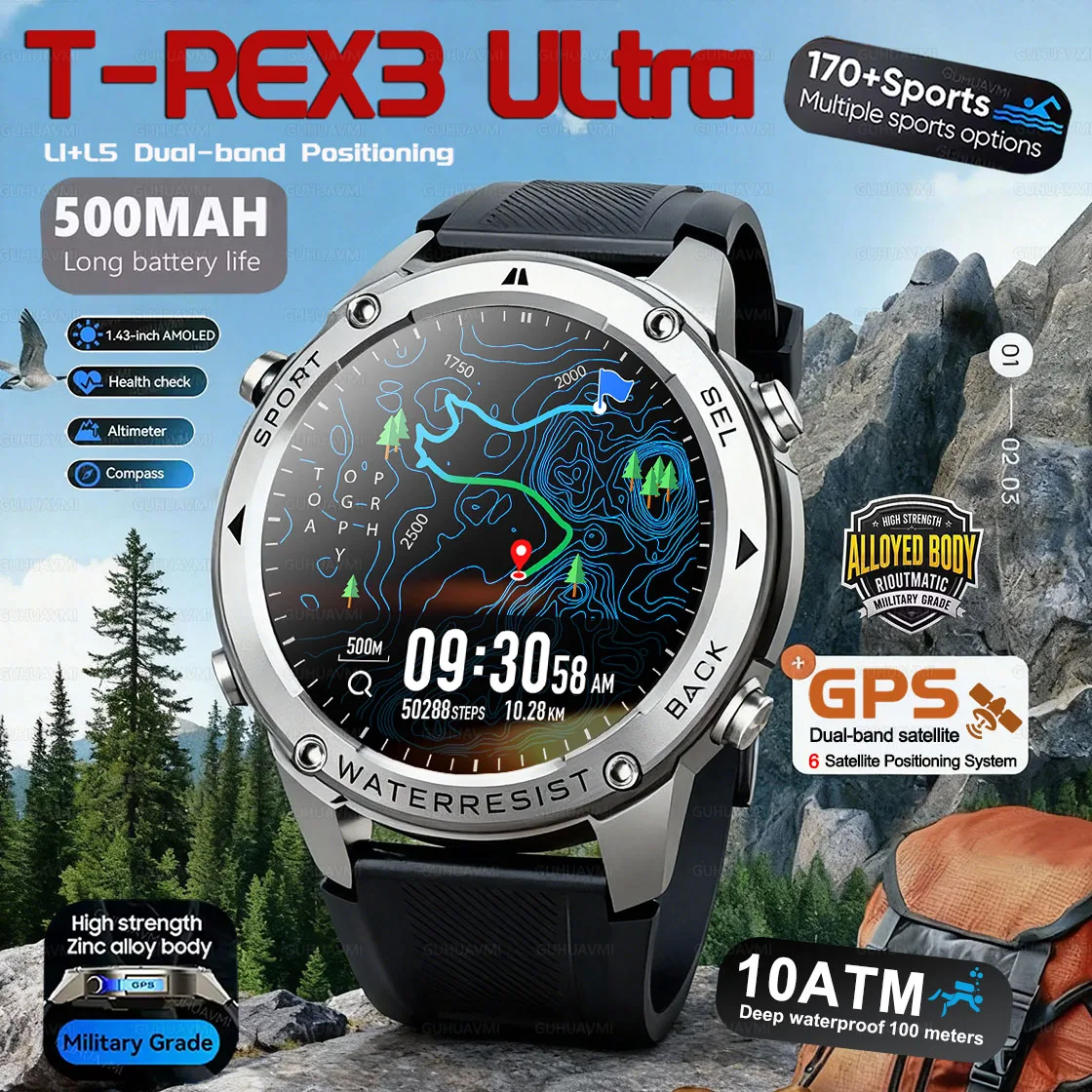 

2026New Military Outdoor T-Rex3 Smartwatch 1.43"Ultra HD screen 10ATM Waterproof Altimeter Compass Built-in GPS SmartWatch Mens