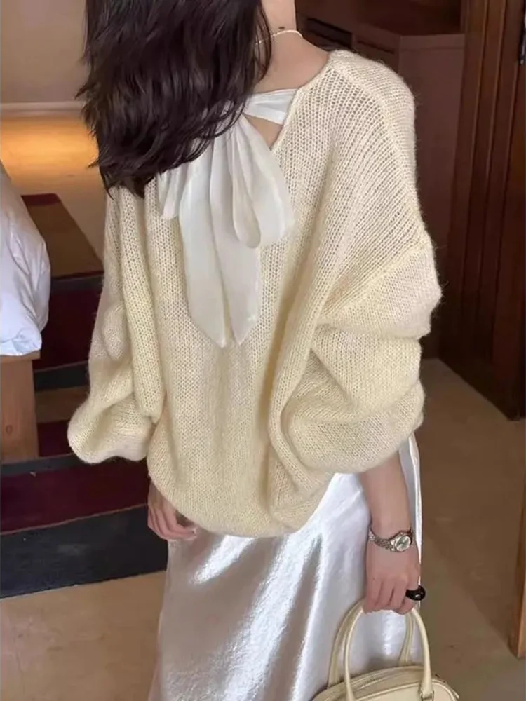 Korean Chic Back Bandage Hollow Out Knitted Pullover Women Spring Lazy Loose Long Sleeve Thin Sweater Fashion Sweet Top