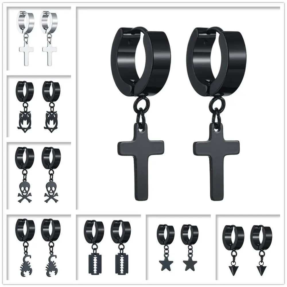 Punk Man Ear Stud Circle Round Huggie Cross Earrings for Men Small Crucifix Cuff Earings Stainless Steel Hip Hop Male Jewelry