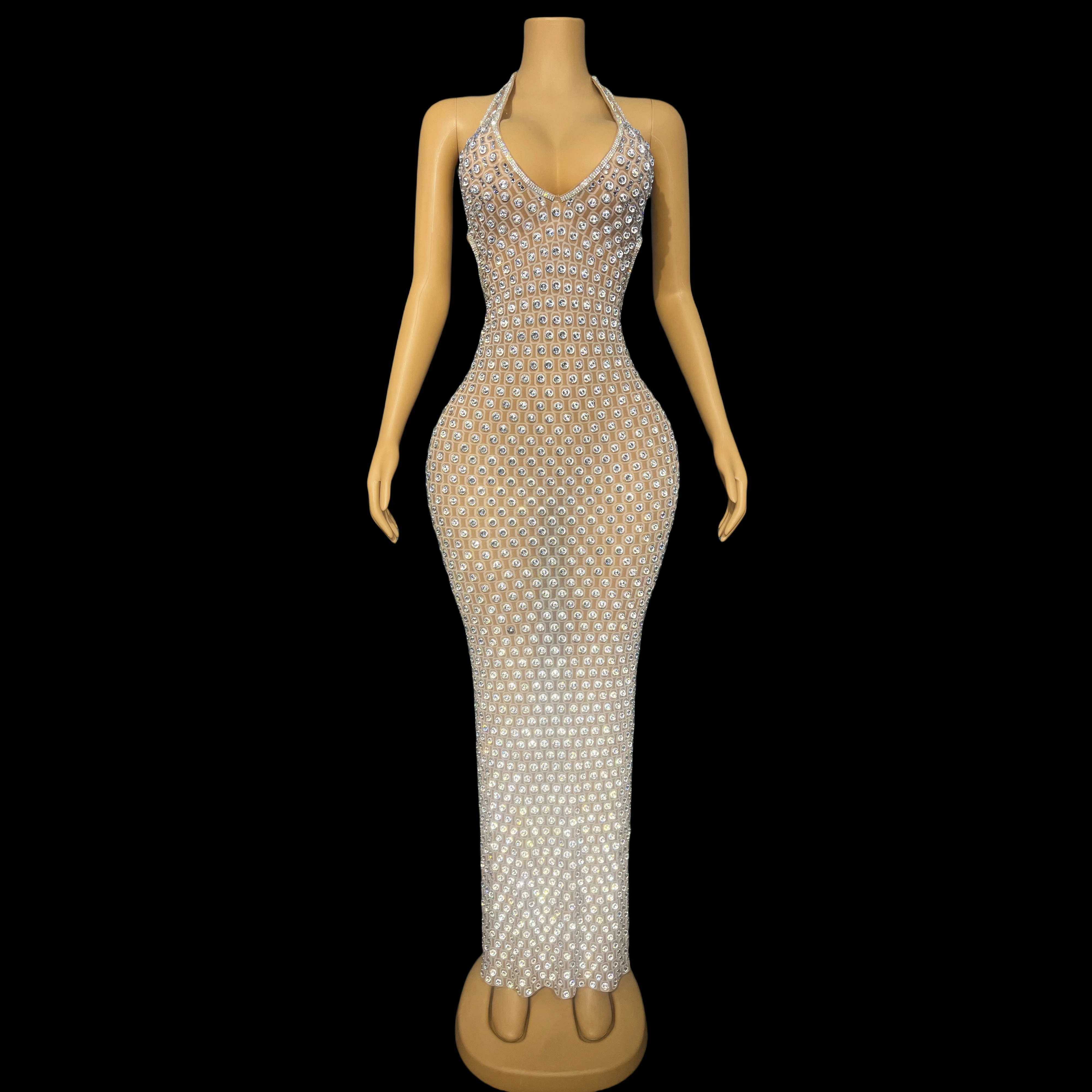 

Silver Bling Rhinestones Backless Evening Crystals Dress Birthday Sexy Shining Stretch V-neck Dance Wear pailian