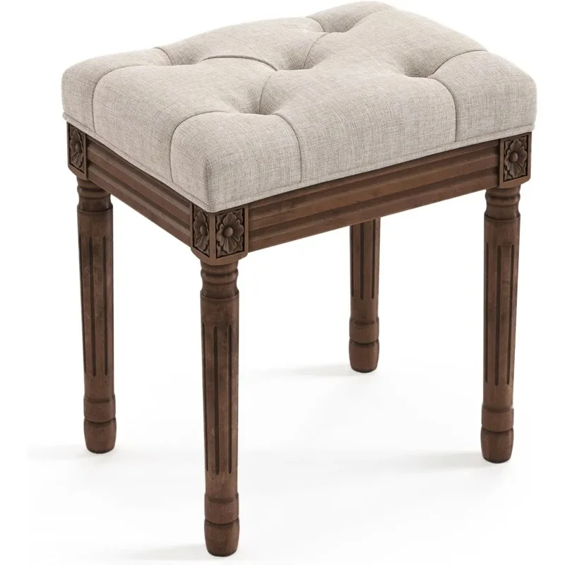 Square Tufted Vanity Bench Seat, Upholstered Makeup Stool with Carved Legs, Elegant Ottoman for Beauty and Comfort