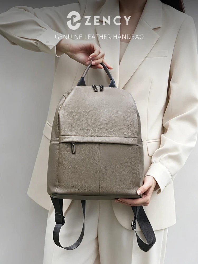 Zency Stylish Genuine Leather Small Backpack Large Capacity Casual Rucksack Work Commuter Travel Stylish Knapsack Multi-pockets