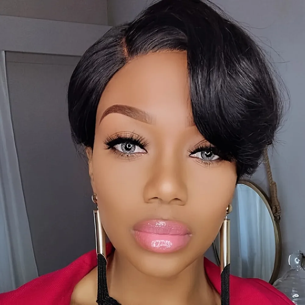 natural black color pixie cut short curly 6inch  150% density daily party use wig pixie 13x1 T lace human hair wigs