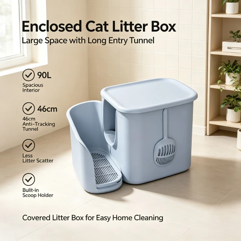 Semi‑Enclosed Extra Large Cat Litter Box, Sand Control Design Prevent Litter Tracking & Splashing Cat Toilet