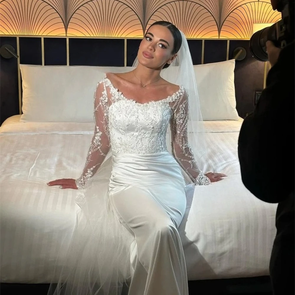 Modest Sheer Long Lace Sleeves Wedding Dresses Floral Appliques Removable Tulle Train Bridal Gown Custom Formal Wedding Outfit