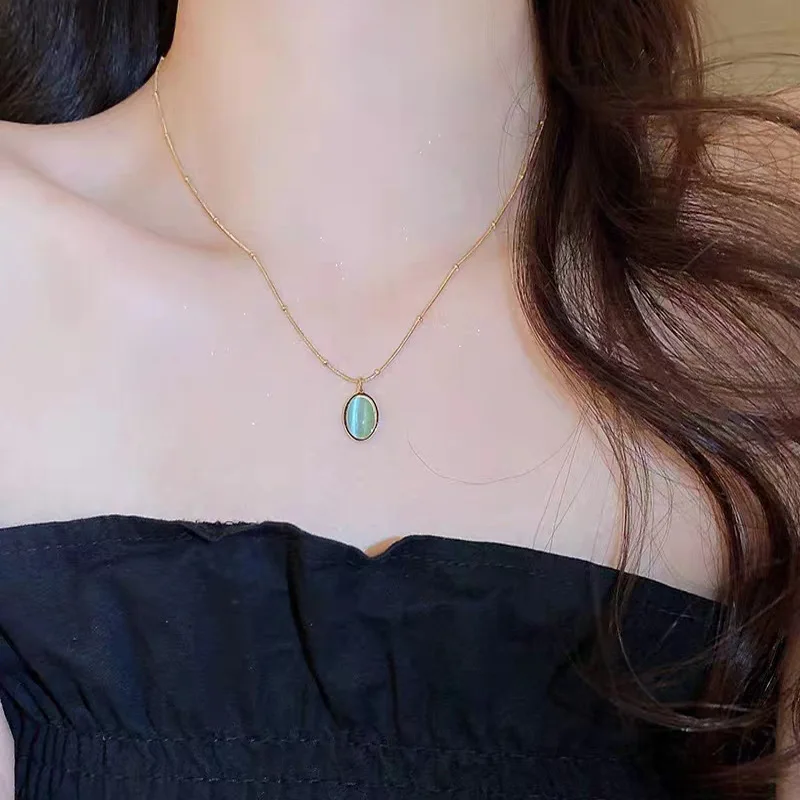 Christmas 925 Sterling Silver Oval Sea Blue Pendant Necklace For Women Exquisite Cat Eye Stone Lock Chain Fashionable Jewelry