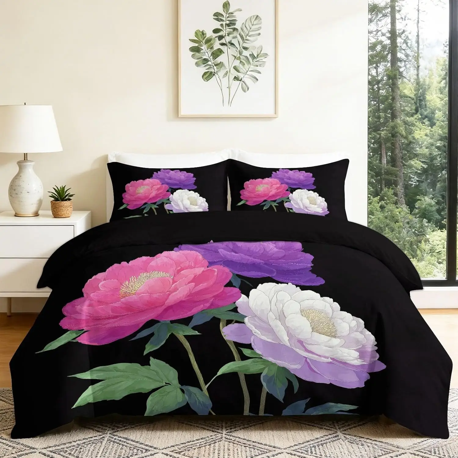 Botanical Tricolor Peony Cot Bed 120x150cm With 1 Pillowcase Japanese Anime Black Warm Reversible Quilt Cover