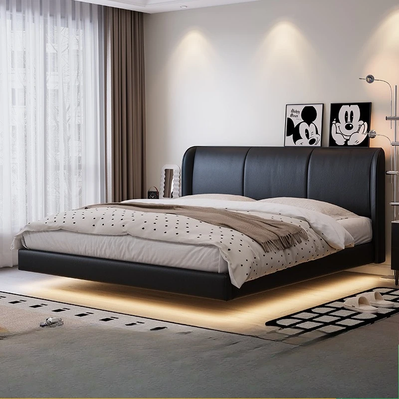 Master bedroom soft bag flush edge bed double bed modern simple black leather suspension bed