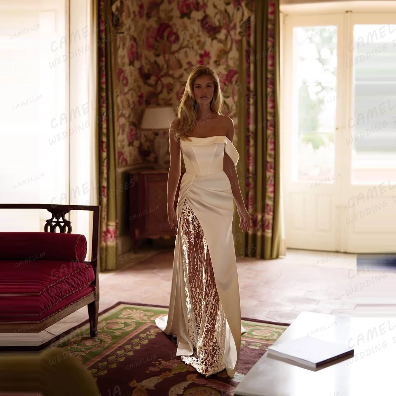 فساتين زفاف حورية البحر بسيطة للنساء مثيرة بفتحة جانبية عالية بدون أكمام من الساتان بدون ظهر فساتين زفاف فيستدوس دي نوفيا مخصصة