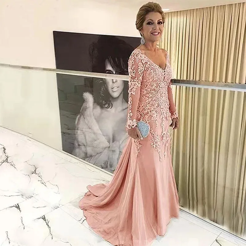 Vestidos Elegantes de encaje con cuello en V para madre de la novia, apliques de manga larga de sirena, vestidos de madre elegantes para boda,