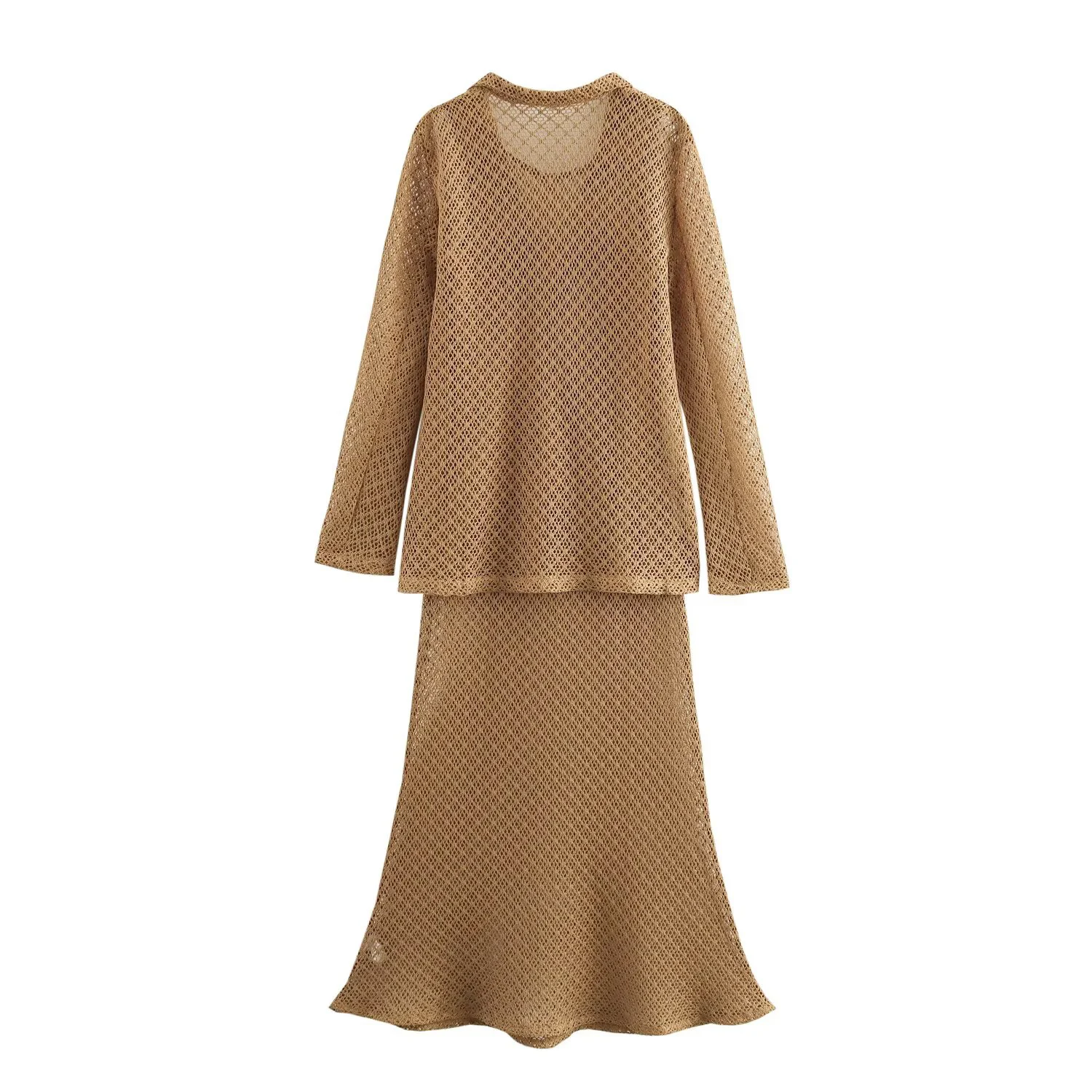 2025 이른 봄 새로운 유럽 패션 다목적 속이 빈 양복 칼라 니트 카디건 롱 스커트 투피스 세트