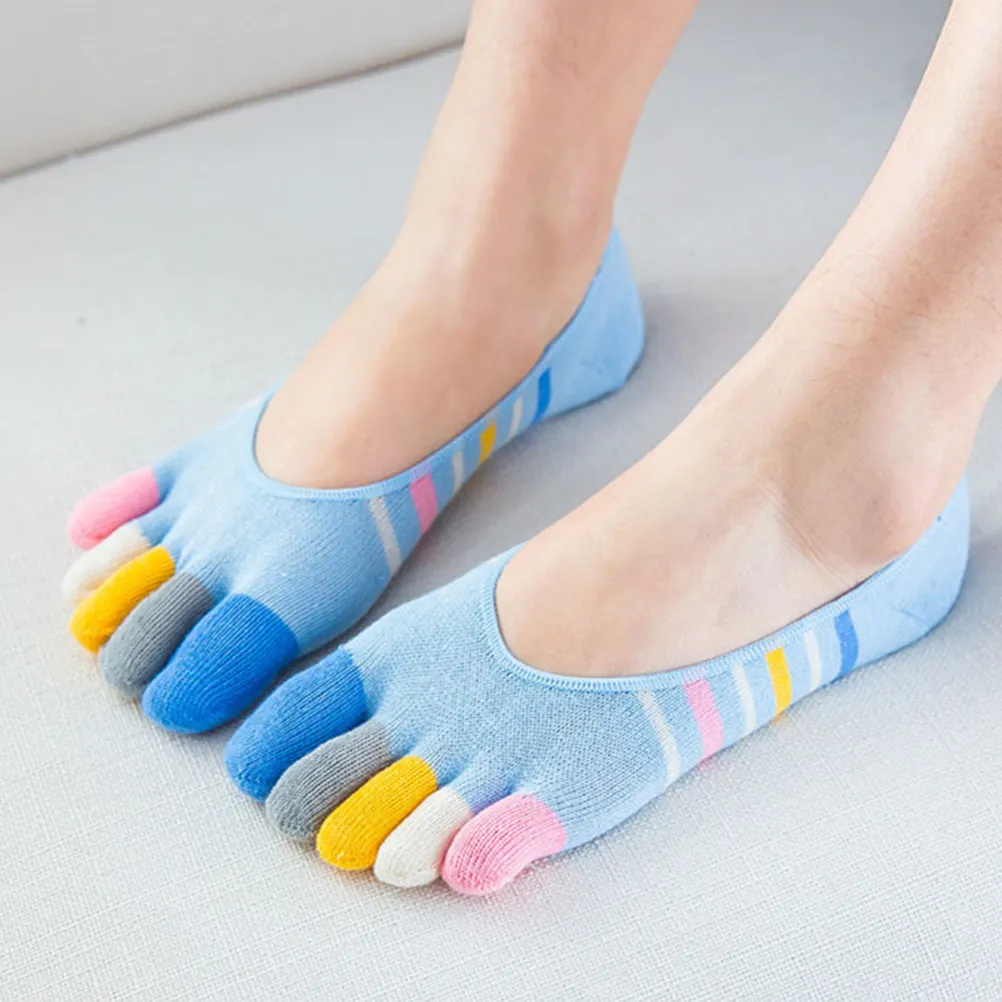 5Pairs Yoga Toe Socks Women's Invisible Low Cut Stripe Pattern Cotton Socks Anti Blister Breathable Stretch for Sneakers Loafers
