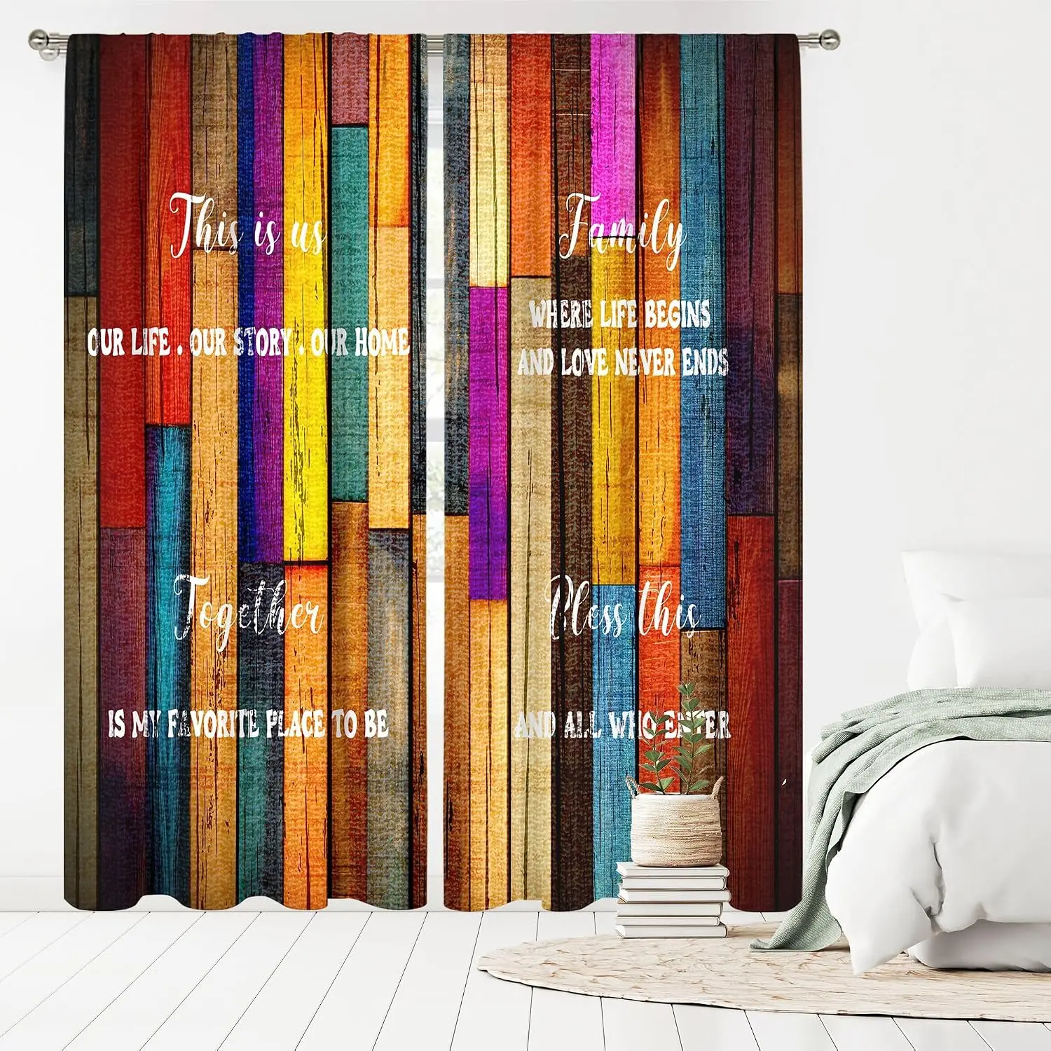 Boho Family Quote Curtains 2pcs Living Room Decor Typography Print Drapes Panels Curtain Pair for Modern Home Window