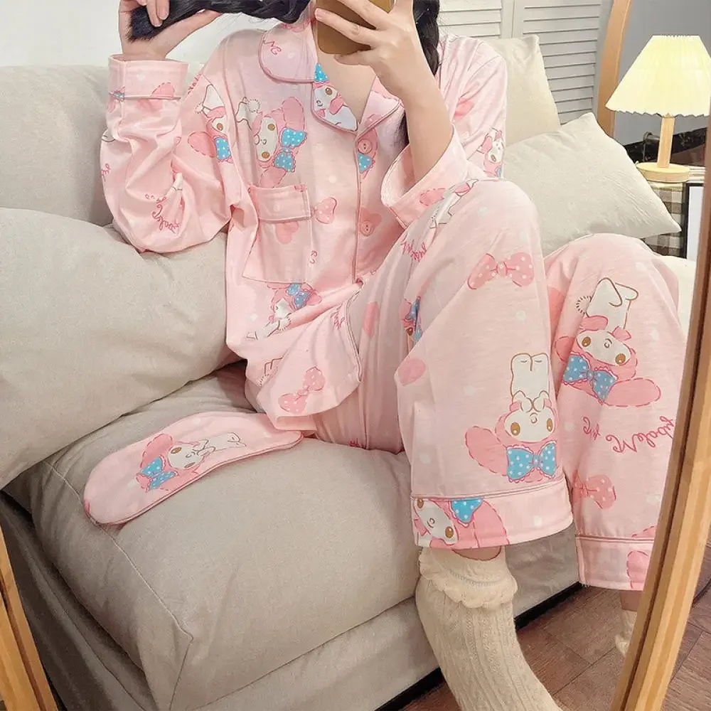 Sanrioed My Melody 2Pcs Pajamas Suit for Women Anime Kawaii Spring Long Sleeve Tops Pants Loungewear Homewear Sweet Girls Cute