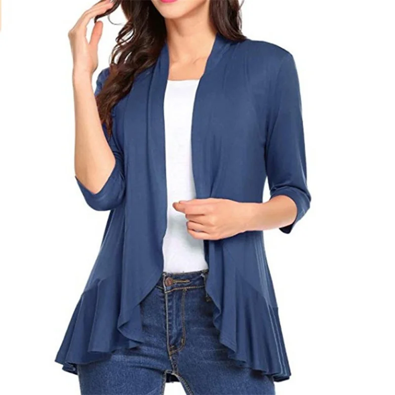 Women\'s Cardigan Spring Summer Autumn Clothing Solid Color Slim Top Ruffle Hem Three Quarter Sleeve Thin Simple Coat Black Blue