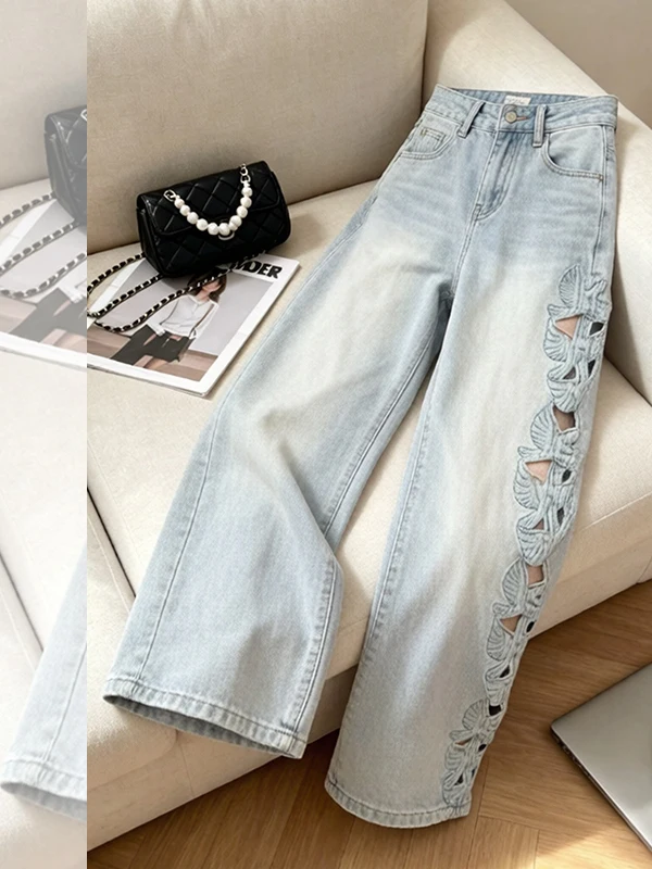 Blue High Waist Embroidered Side Hollow out Wide Leg Jeans Women's Summer Fashion Straight Cut Trousers Korean Style