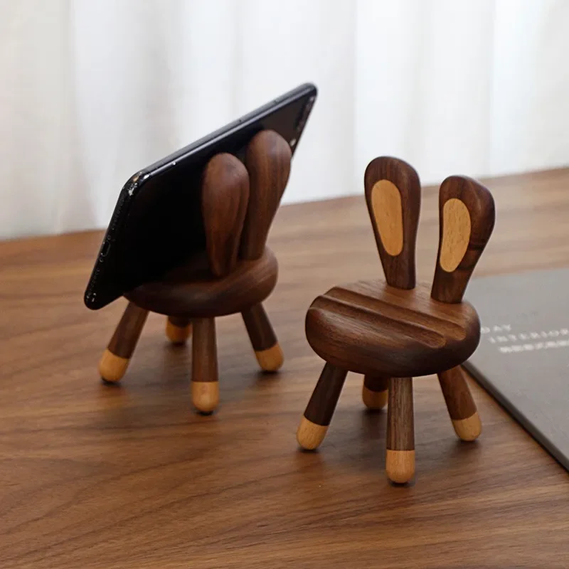 Creative Cute Rabbit Stands for Phone Wooden Desk Holder Black Walnut Chair Universal Portable Solid Wood Cell Phone Racks