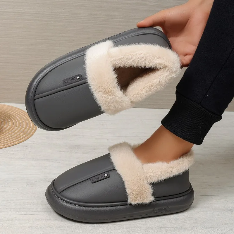Waterproof Leather Surface Cotton Slippers Madam  Winter Indoor Home Fleece Warm Thick Bottom Anti-slip Cotton Shoes 42-45 Sizes
