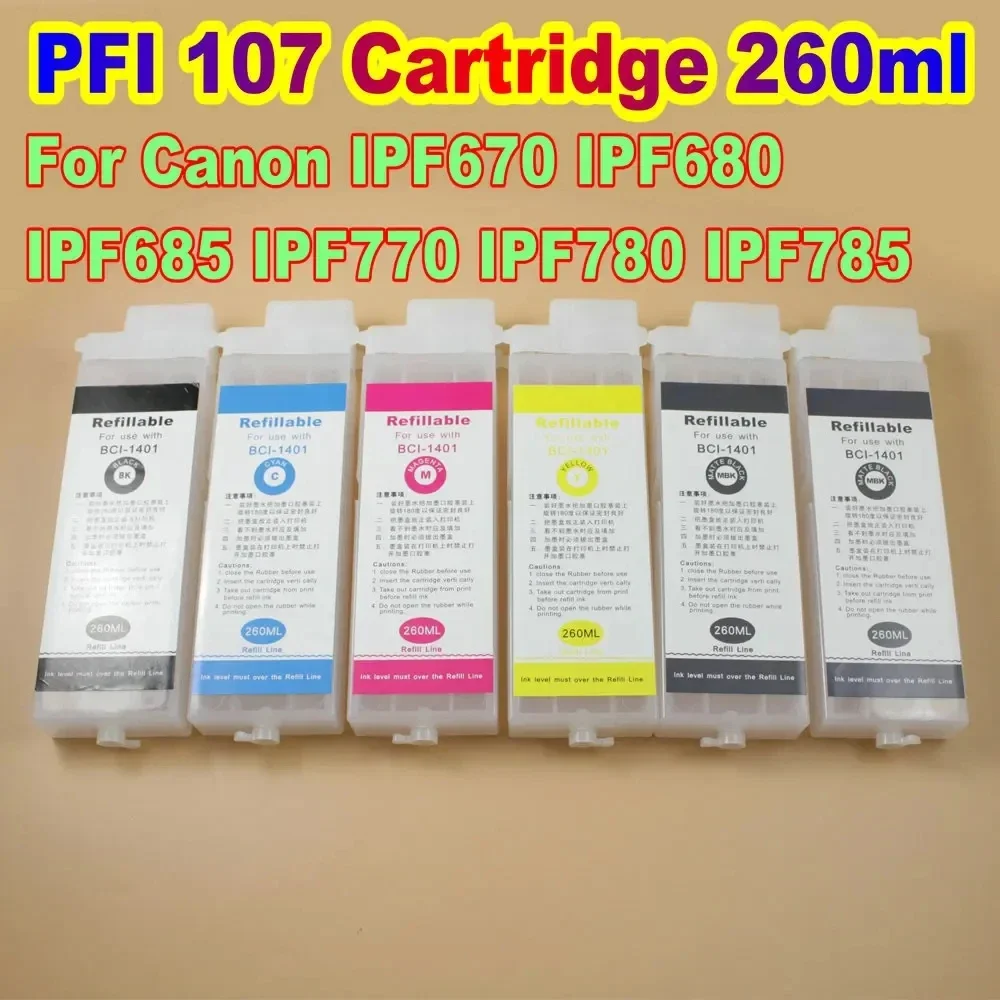 260 مللي PFI 107 طابعة PFI107 خرطوشة حبر فارغة قابلة لإعادة الملء لكانون IPF670 IPF680 IPF685 IPF770 IPF780 IPF785 BK C M Y MBK MBK