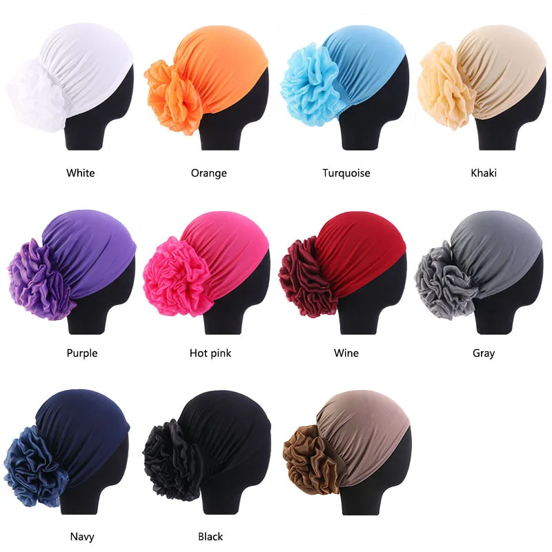 Frauen Hijabs Turban Große Blume Elastische Tuch Haar Bands Hut Beanie Damen Muslimischen Feste Haarausfall Schal Kappe Haar Zubehör – Detail 2